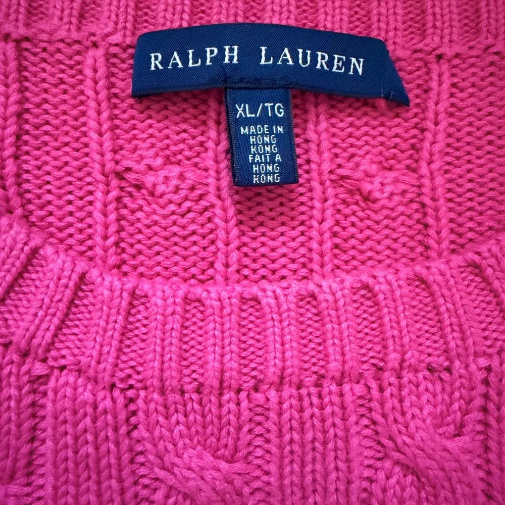 Vintage Ralph Lauren Mens XL Pink Cable Knit Cotton Crewneck Sweater Blue Pony